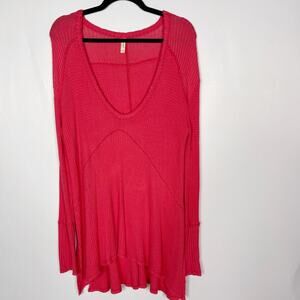 Free People Small S Red Pink Sunset Park Drippy Thermal Waffle Knit Tunic Top